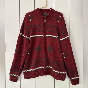 Orvis Southwestern Aztec Zip Cardigan Sweater Sz L-XL Burgundy Red Black